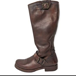 FRYE VERONICA BOOTS SIZE 8. Genuine leather, brown, buckle detail, low heel.